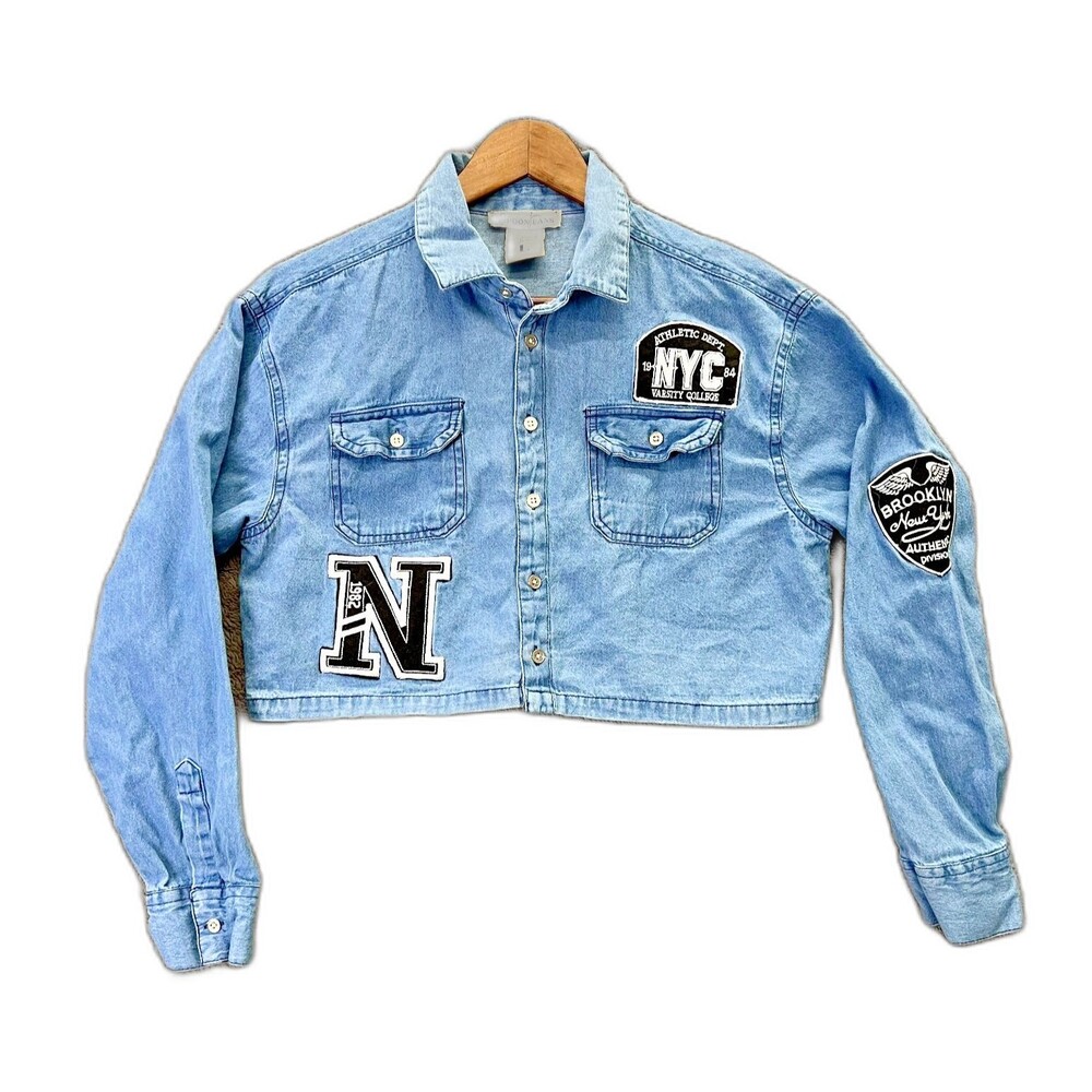 Spoon Jeans Cropped Denim Jacket Varsity NYC Patches L